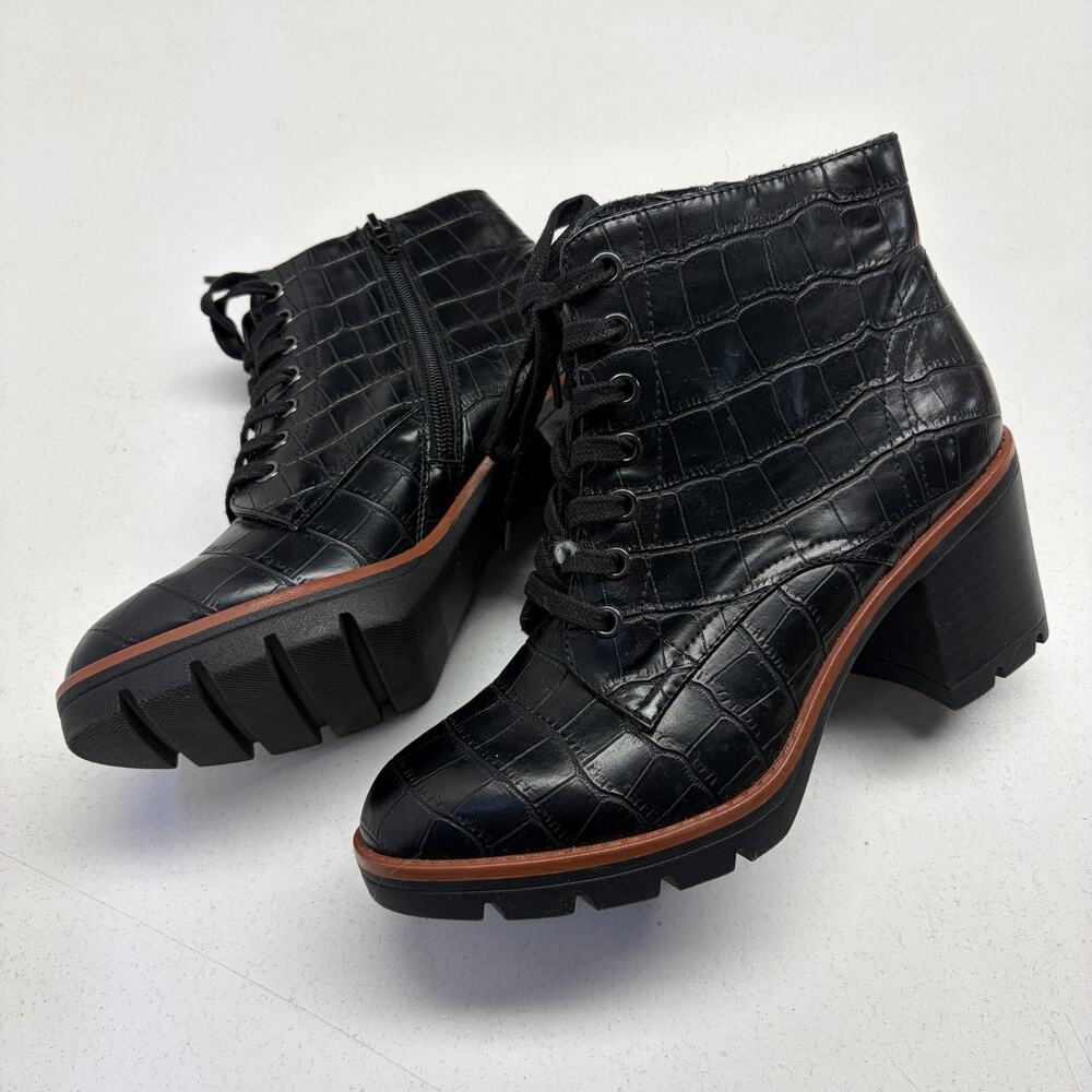NATURALIZER Madalynn Booties Black Croc 3" Block Heel Boots Lace Up Zip 7.5